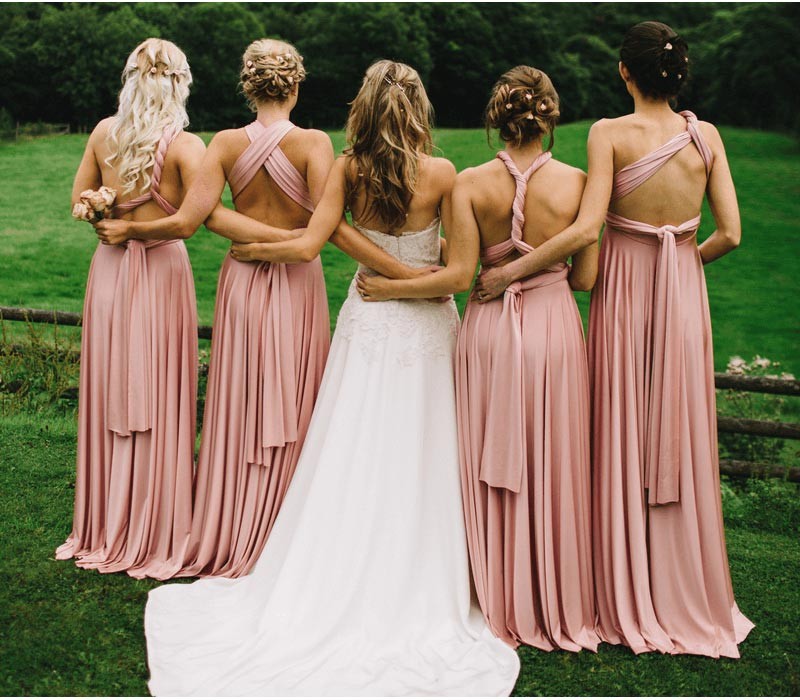 A-line One Shoulder V-neck Halter-neck Floor-length Bridesmaid Attire 2