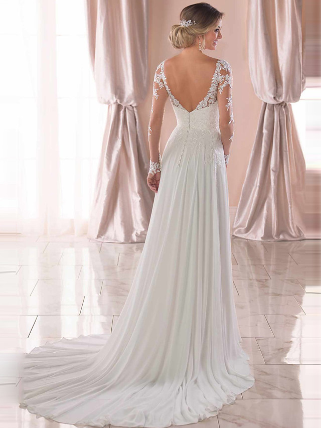 A-line V-neck Long Sleeves Chapel Train 100D Chiffon Bridal Gown With Lace 4