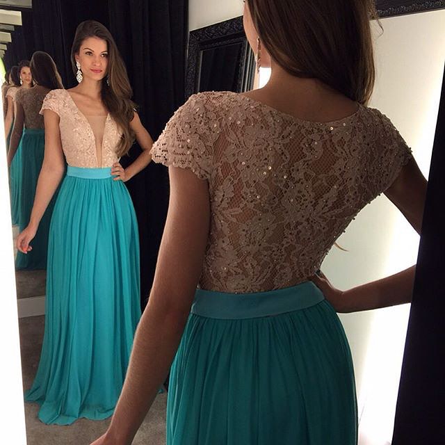 A-line Plunging Neckline Floor-length Formal Wear With Lace 2