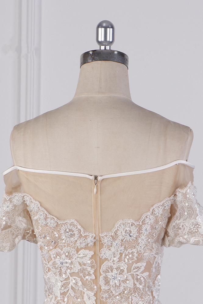 Mermaid Off-the-shoulder Short Sleeves Floor-length Tulle Wedding Dress With Appliques 6