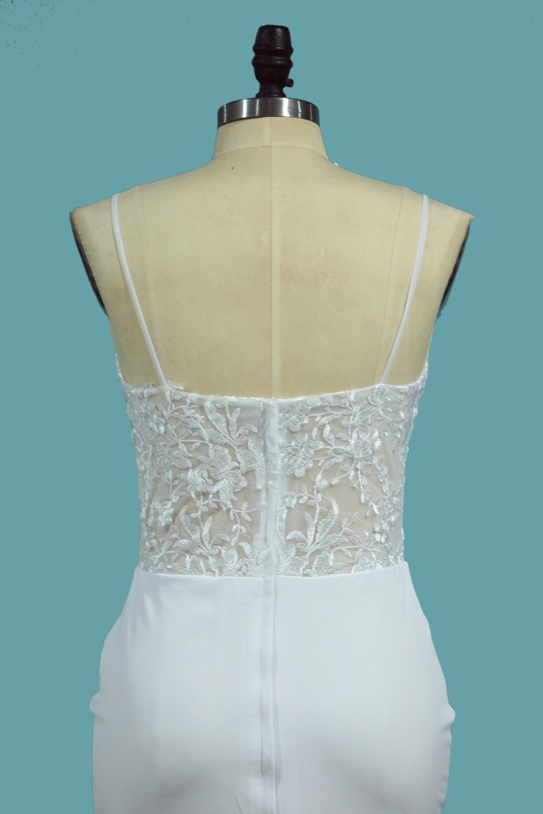 Mermaid Spaghetti Straps Sweetheart Neck Sleeveless Chapel Train Satin Wedding Gown With Appliques 4