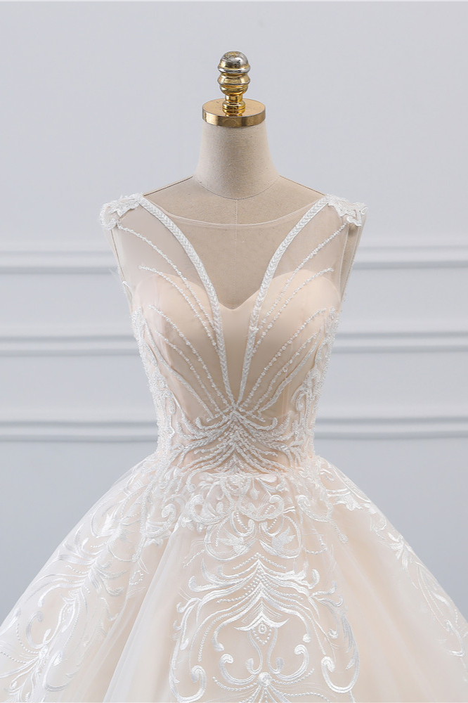 Ball Gown Jewel Neck Sleeveless Floor-length Tulle Bridal Dress With Lace 4