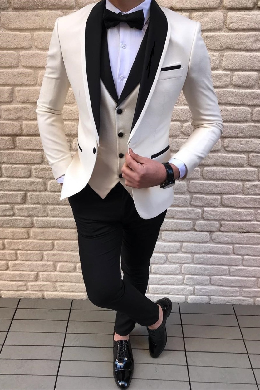 Black-and-white Shawl Lapel Wedding Suit 1