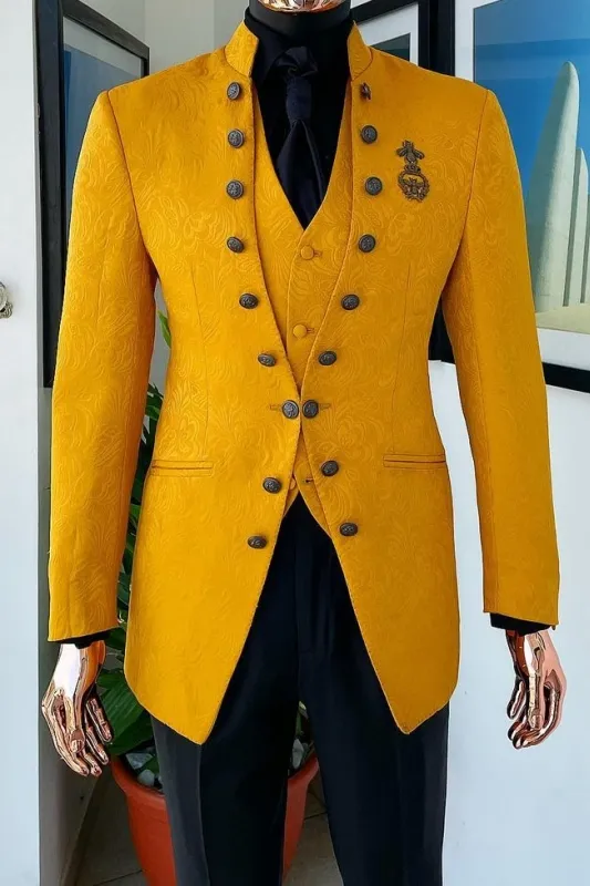 Mustard Gold Jacquard Mandarin Collar Luxury 3-Piece Suit 1