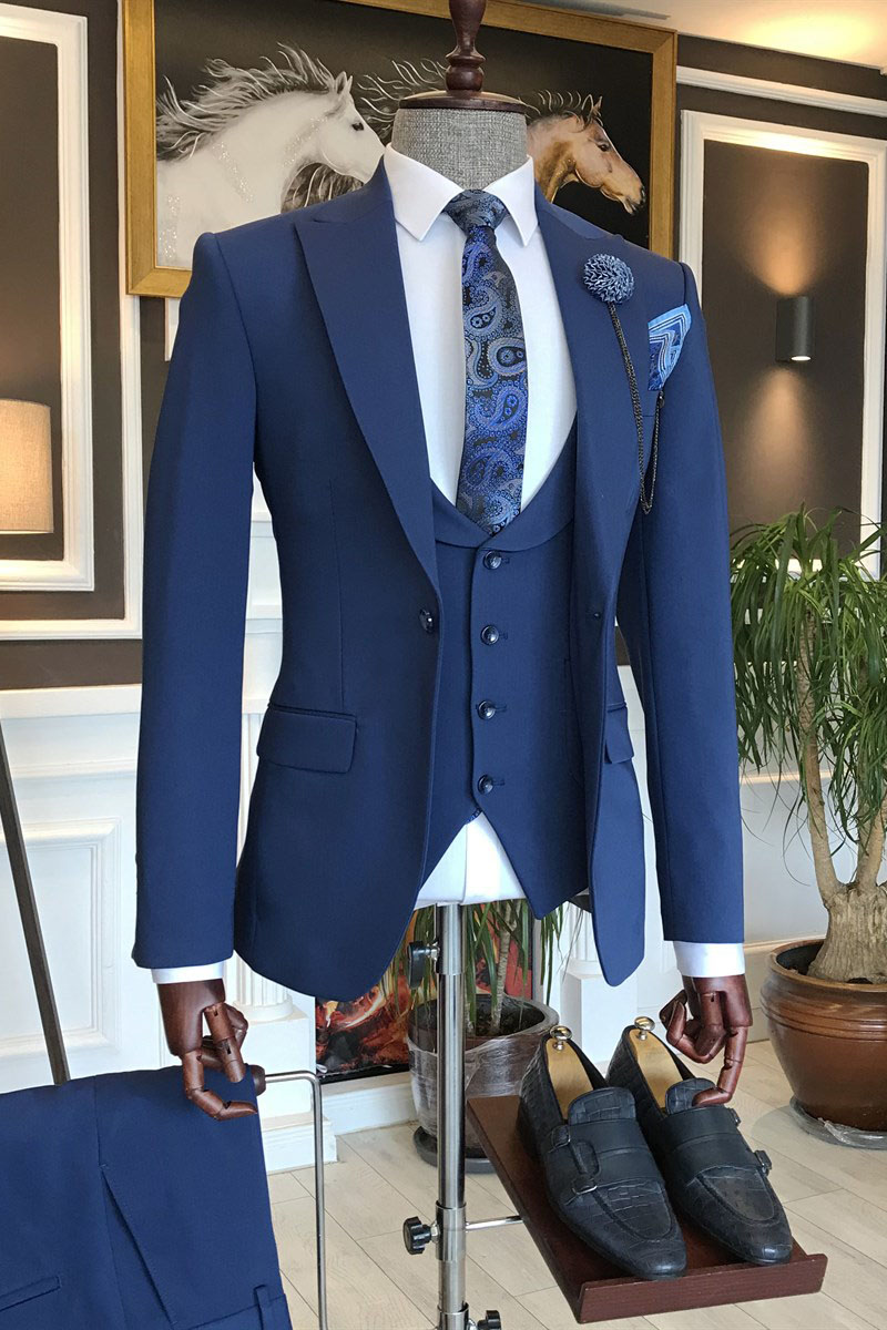 Blue Slim Fit Business Suit with Peaked Lapel 1