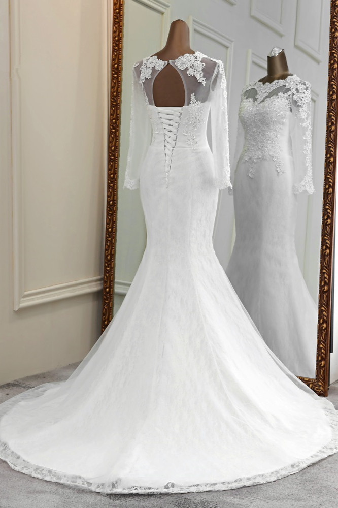 Mermaid Jewel Neck Long Sleeves Floor-length Tulle Wedding Gown With Lace 2