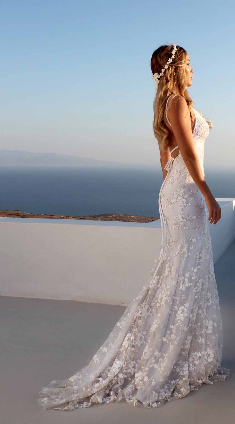 Column V-neck Sleeveless Sweep / Brush Train Lace Formal Dress With Appliques 2