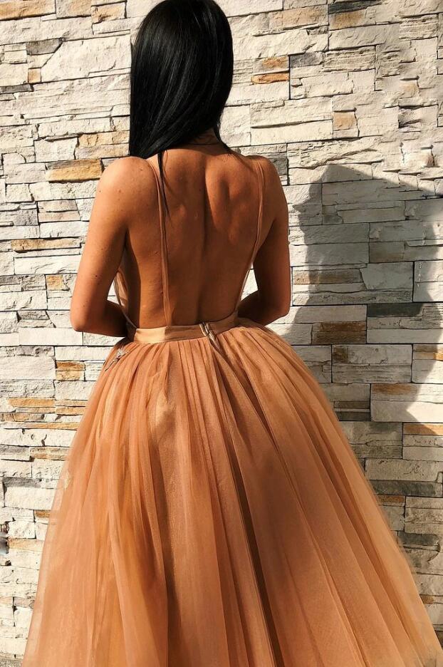 A-line Plunging Neckline Sleeveless Tea-length Tulle Cocktail Party Dress 2