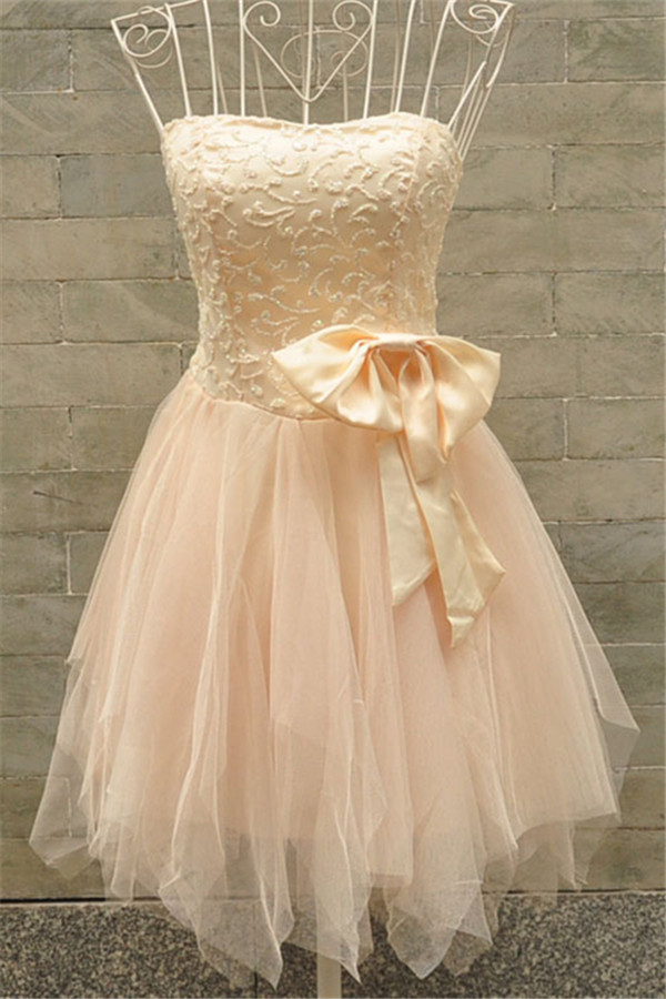 A-line Strapless Sleeveless Mini Tulle Evening Gown With Beading 2