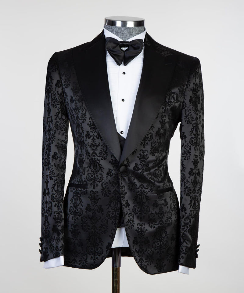 Black Jacquard Peaked Lapel Wedding Men Suit 5