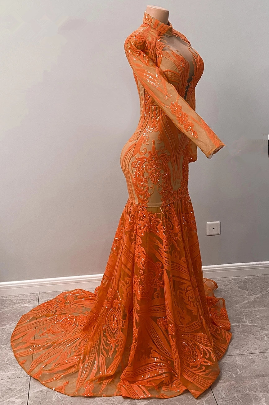 Mermaid V-neck High Neck Long Sleeves Floor-length Organza Evening Dress With Pattern 5
