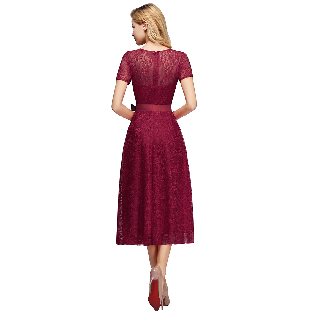 A-line V-neck Short Sleeves Mini Lace Bridesmaid Attire With Ribbons 9