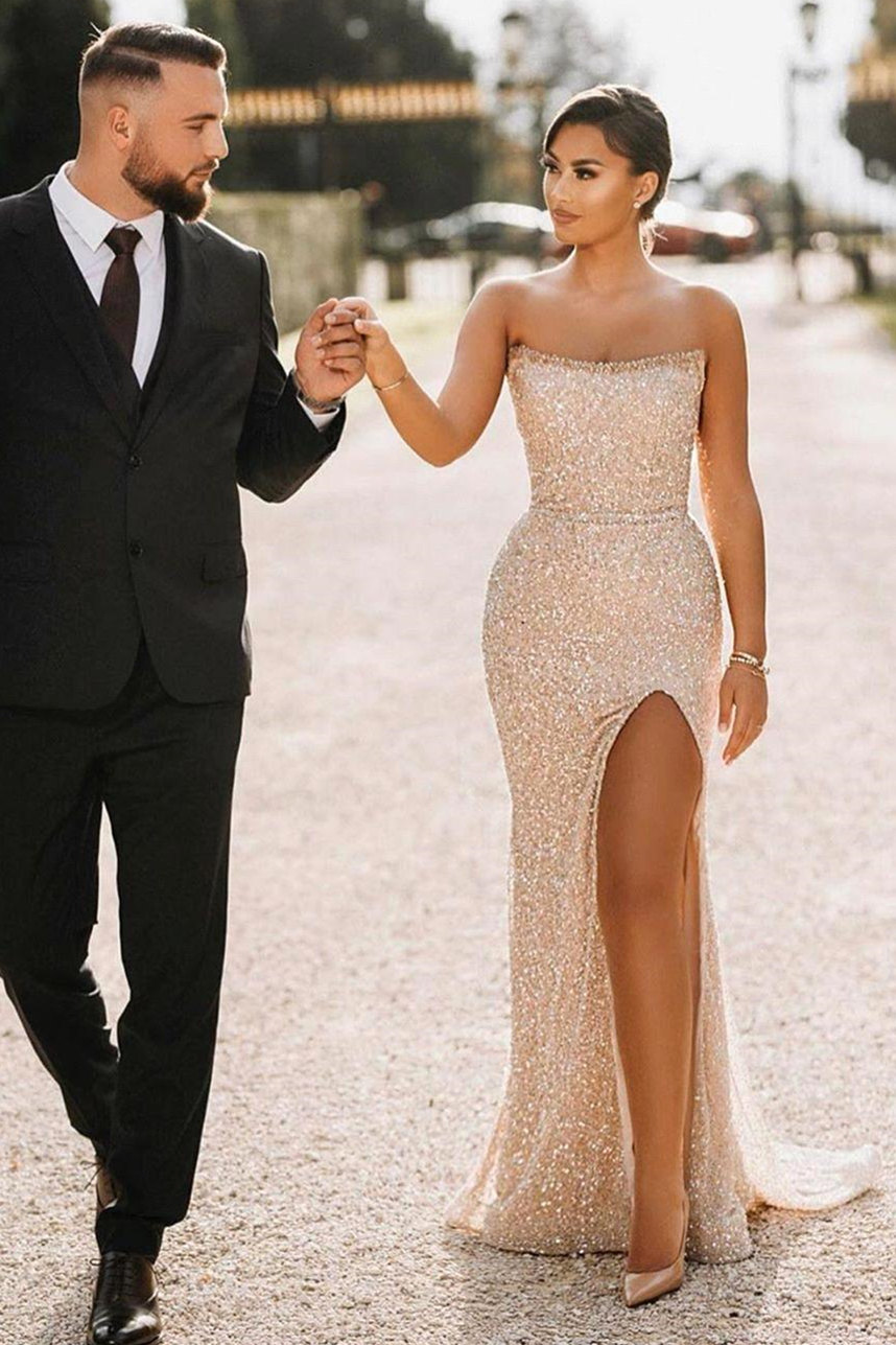 Column Strapless Sleeveless Floor-length Tulle Evening Dress With Split Front 1