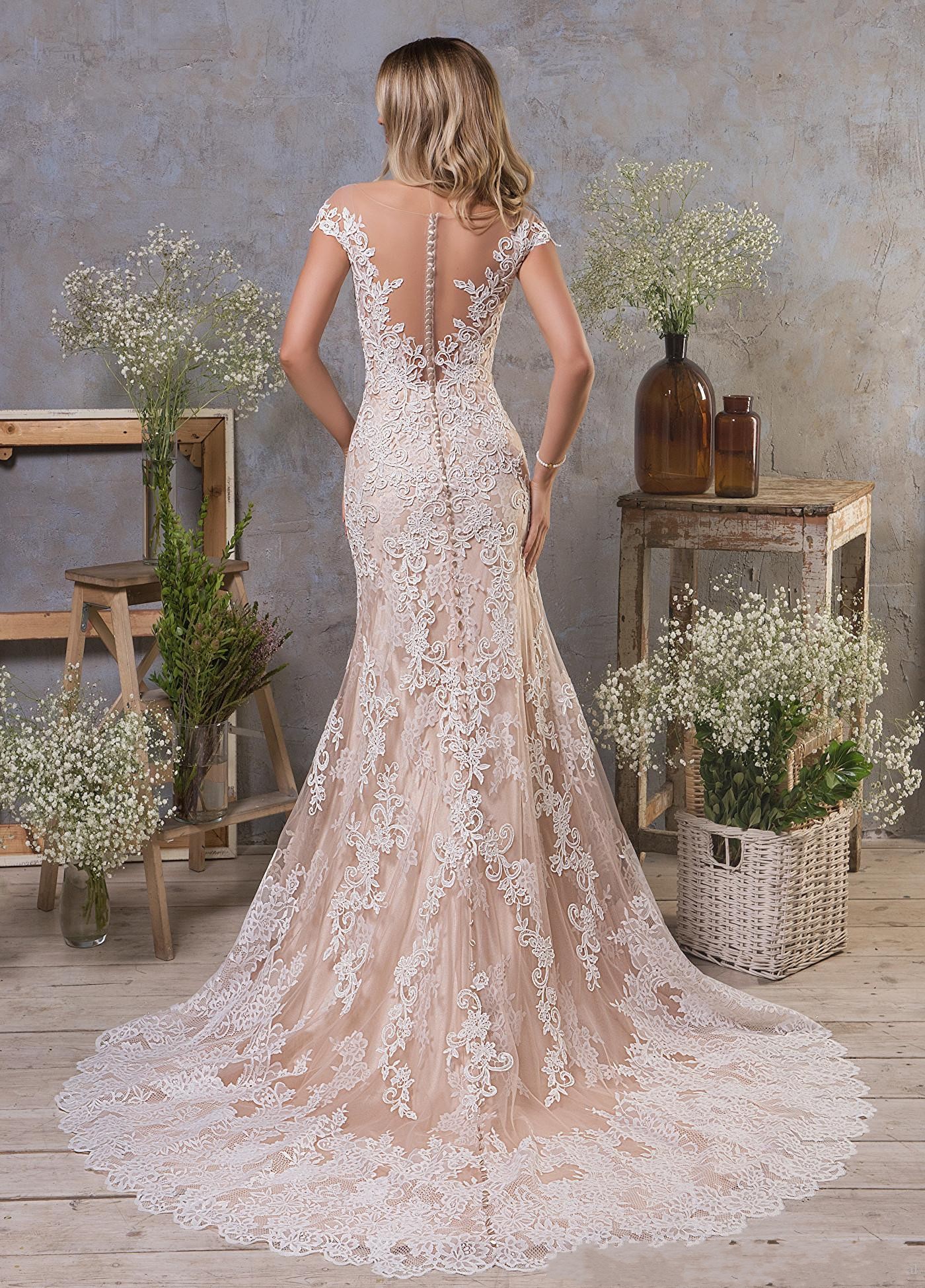 Mermaid Jewel Neck Sleeveless Sweep / Brush Train Lace Bridal Gown With Pearls 2
