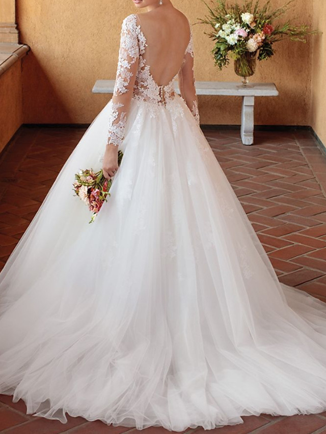 Ball Gown V-neck Chapel Train Tulle Wedding Gown With Lace 2