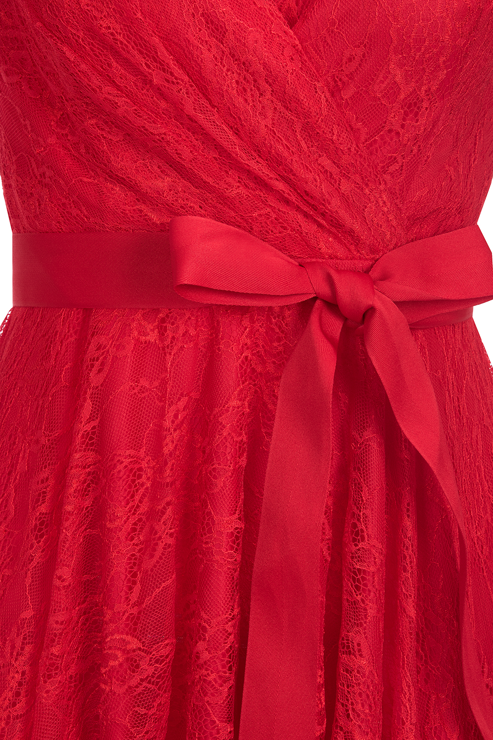 A-line V-neck Short Sleeves Knee-length Lace Bridesmaid Dress With Ribbons 14