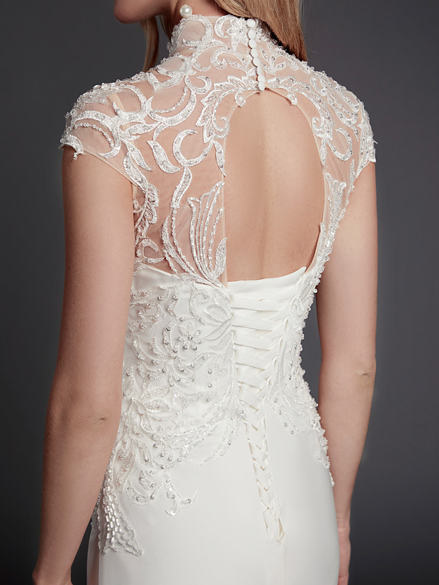 Mermaid Sleeveless Court Train Lace Bridal Gown With Beading 9