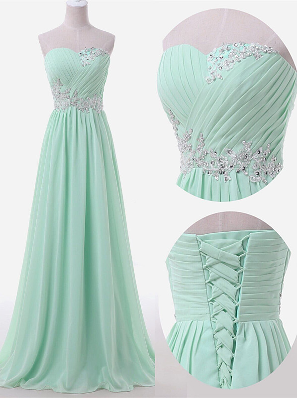 A-line Sweetheart Neck Sleeveless Floor-length 100D Chiffon Evening Dress With Beading 3