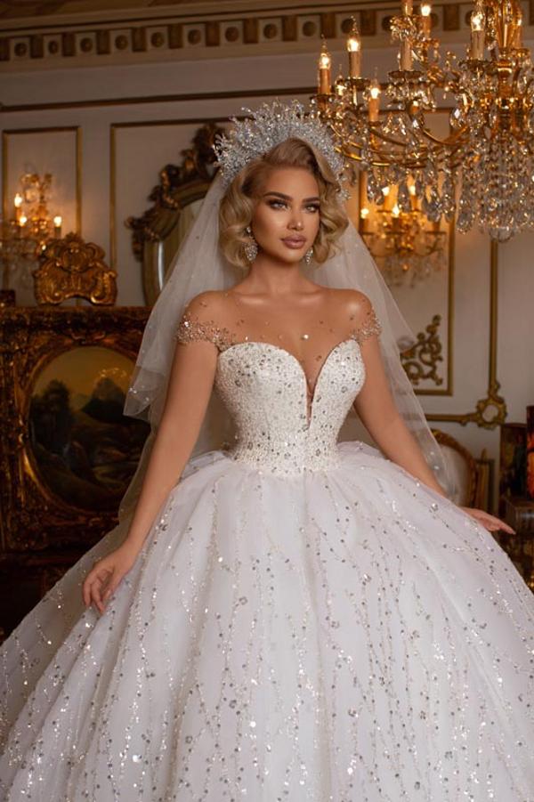 Ball Gown Jewel Neck Cap Sleeves Sweep / Brush Train Bridal Dress With Appliques 4