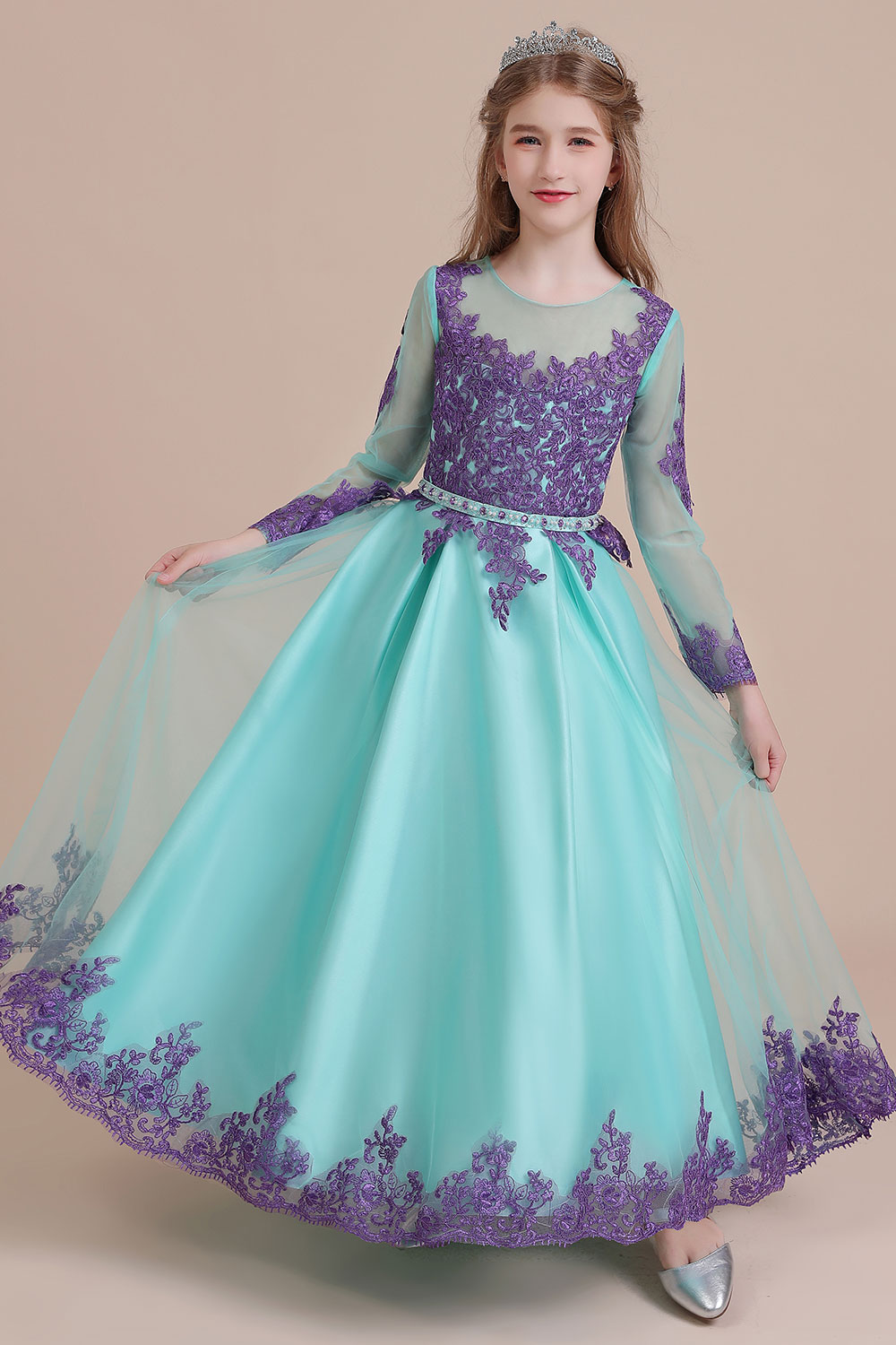A-line Jewel Neck Long Sleeves Ankle-length Tulle Flower Girl Dress With Rhinestone 8