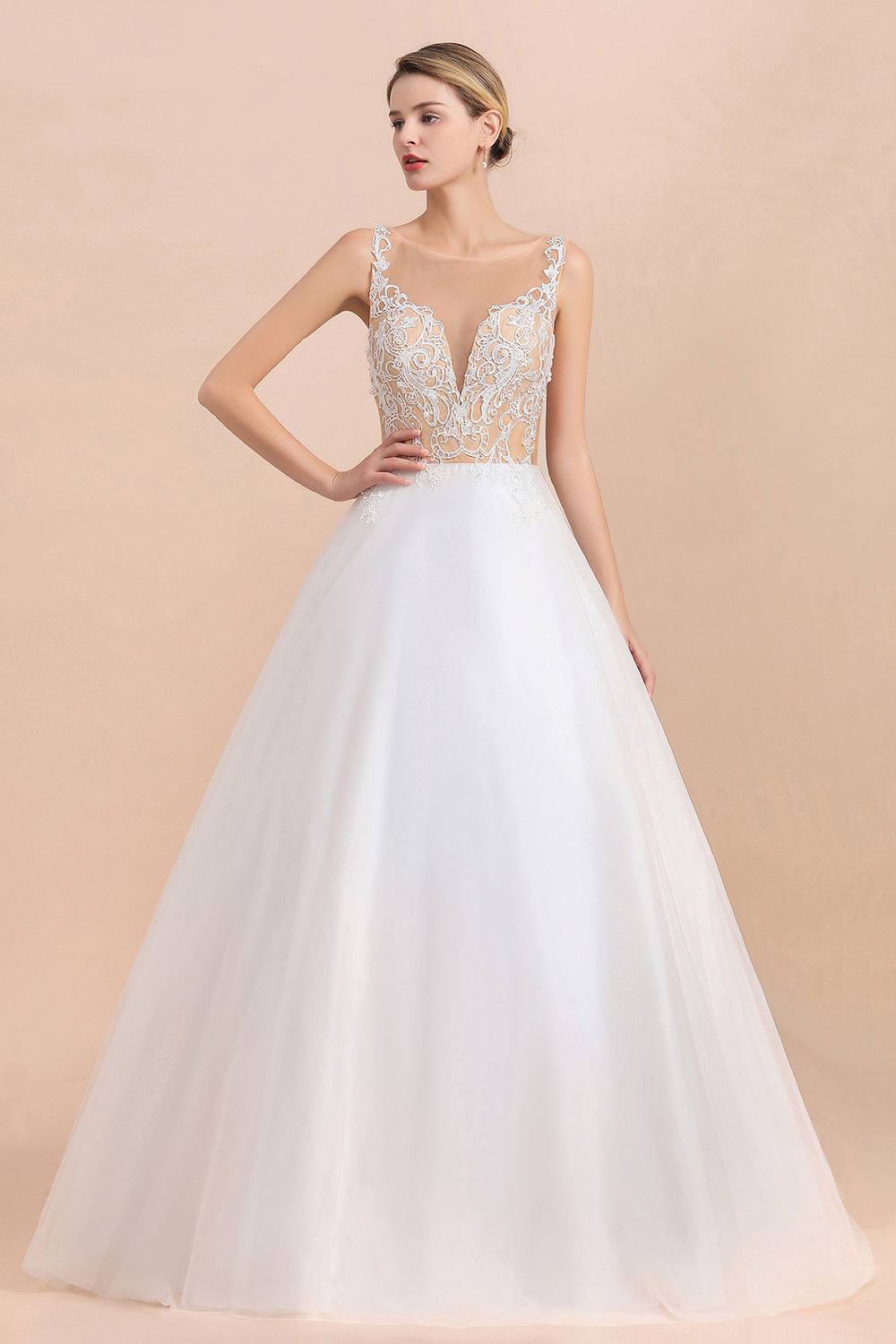 A-line Jewel Neck Sleeveless Floor-length Tulle Wedding Dress With Pearls 5