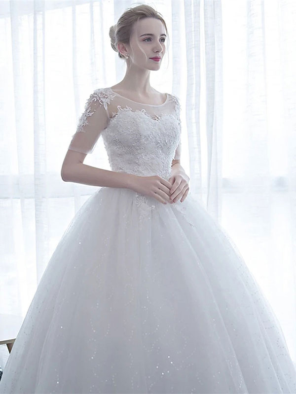 Ball Gown Short Sleeves Floor-length Lace Bridal Gown With Lace 3