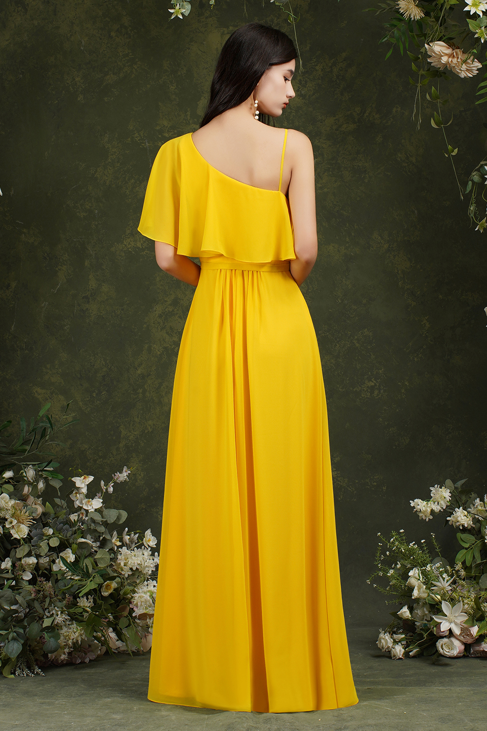 A-line Spaghetti Straps Sleeveless Floor-length 100D Chiffon Bridesmaid Outfit With Split Front 6