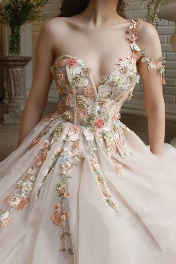 A-line One Shoulder Sleeveless Floor-length Tulle Formal Dress With Ruffles 4