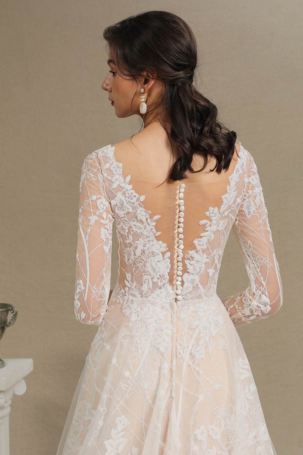 A-line Plunging Neckline Long Sleeves Sweep / Brush Train Tulle Wedding Dress With Lace 8