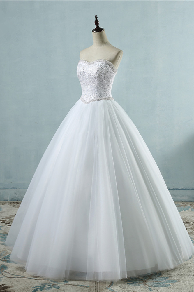 A-line Sweetheart Neck Floor-length Tulle Wedding Dress With Pearls 3