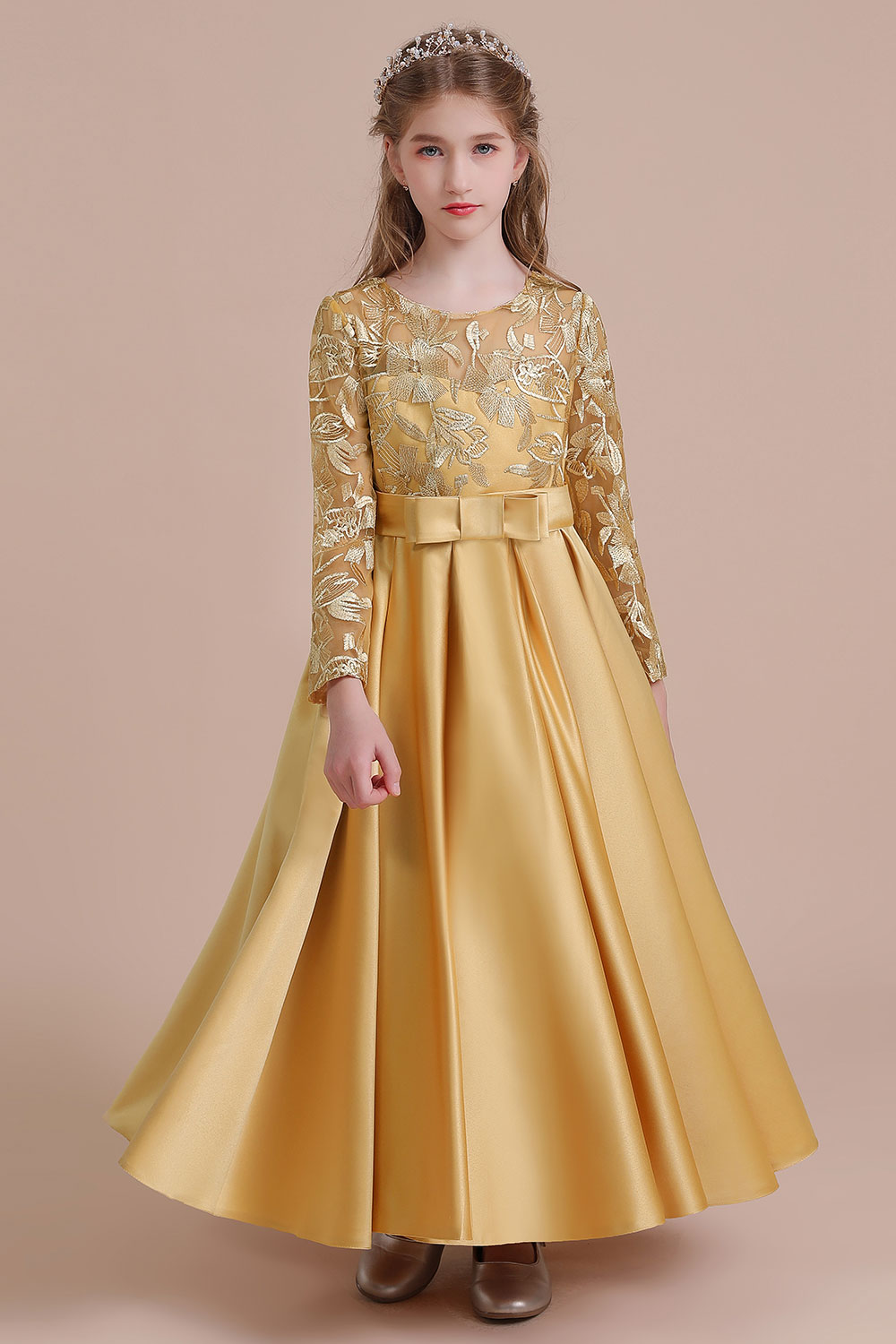 A-line Jewel Neck Long Sleeves Ankle-length Satin Flower Girl Dress With Embroidery 7