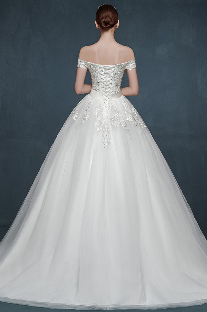 Ball Gown Off-the-shoulder Sleeveless Floor-length Tulle Bridal Dress With Crystal 2