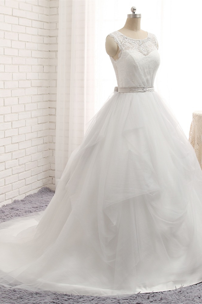 A-line Jewel Neck Sleeveless Floor-length Tulle Wedding Gown With Lace 3