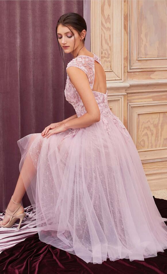 A-line V-neck Sleeveless Tea-length Tulle Formal Dress With Beading 2