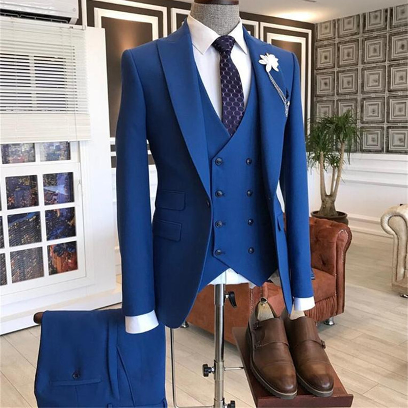 Blue Three-Pieces Peaked Lapel Men's Suit 2