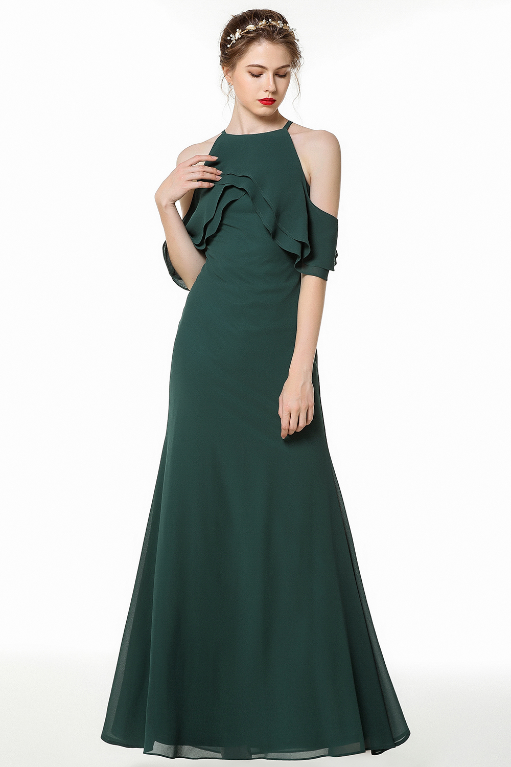 A-line Straps Sleeveless Sweep / Brush Train 100D Chiffon Bridesmaid Gown With Tiered 5