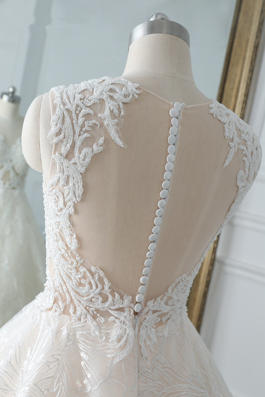 A-line Jewel Neck Sleeveless Floor-length Tulle Wedding Gown With Beading 6