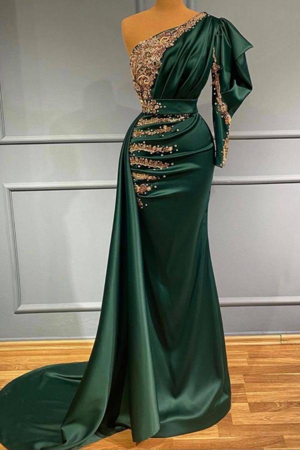 Mermaid One Shoulder Long Sleeves Floor-length Stretch Satin Formal Dress With Ruffles 2