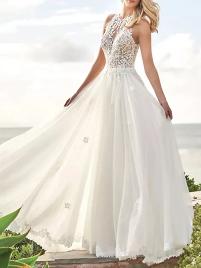 A-line Sleeveless Sweep / Brush Train Lace Bridal Dress With Lace 1