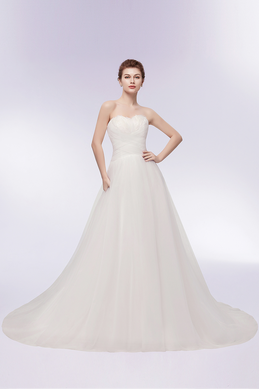 A-line Strapless Sweetheart Neck Sleeveless Chapel Train Tulle Wedding Gown With Feathers 5