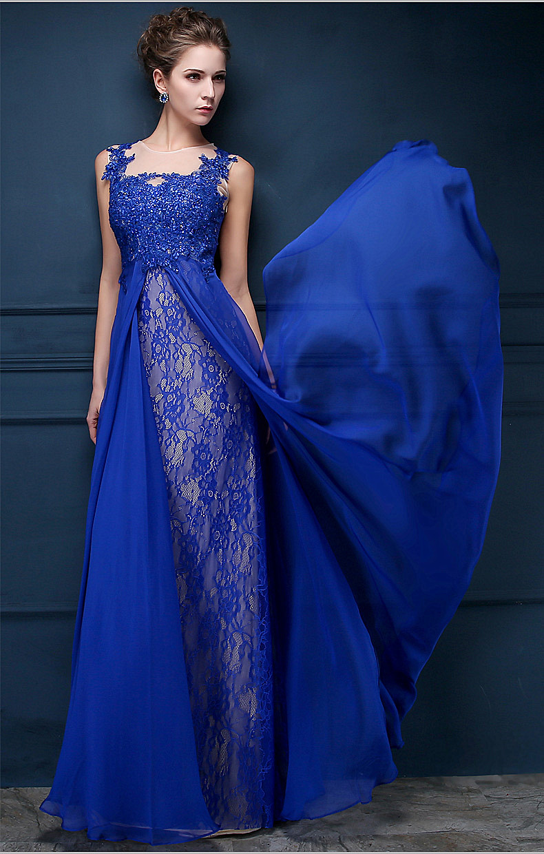 A-line Scoop Neck Sleeveless Sweep / Brush Train 100D Chiffon Evening Dress With Beading 5