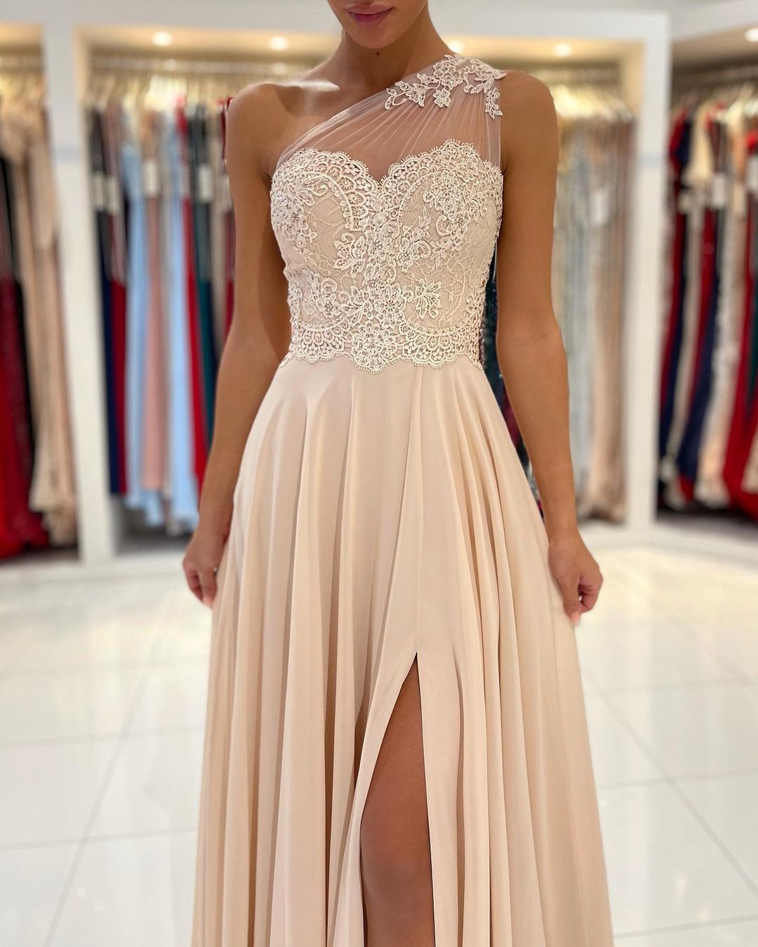 Straps One Shoulder Sleeveless Floor-length 100D Chiffon Evening Gown With Ruffles 4