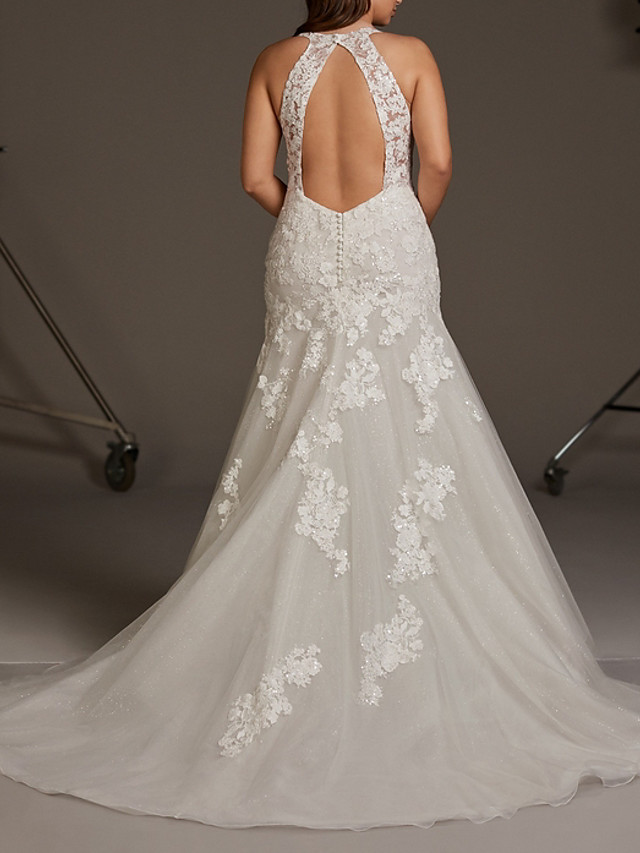 Mermaid Straps V-neck Sweep / Brush Train Lace Wedding Gown With Lace 2