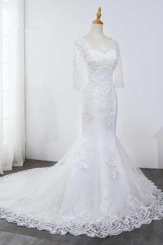 Mermaid Jewel Neck 3/4-Length Sleeves Floor-length Tulle Bridal Dress With Beading 4