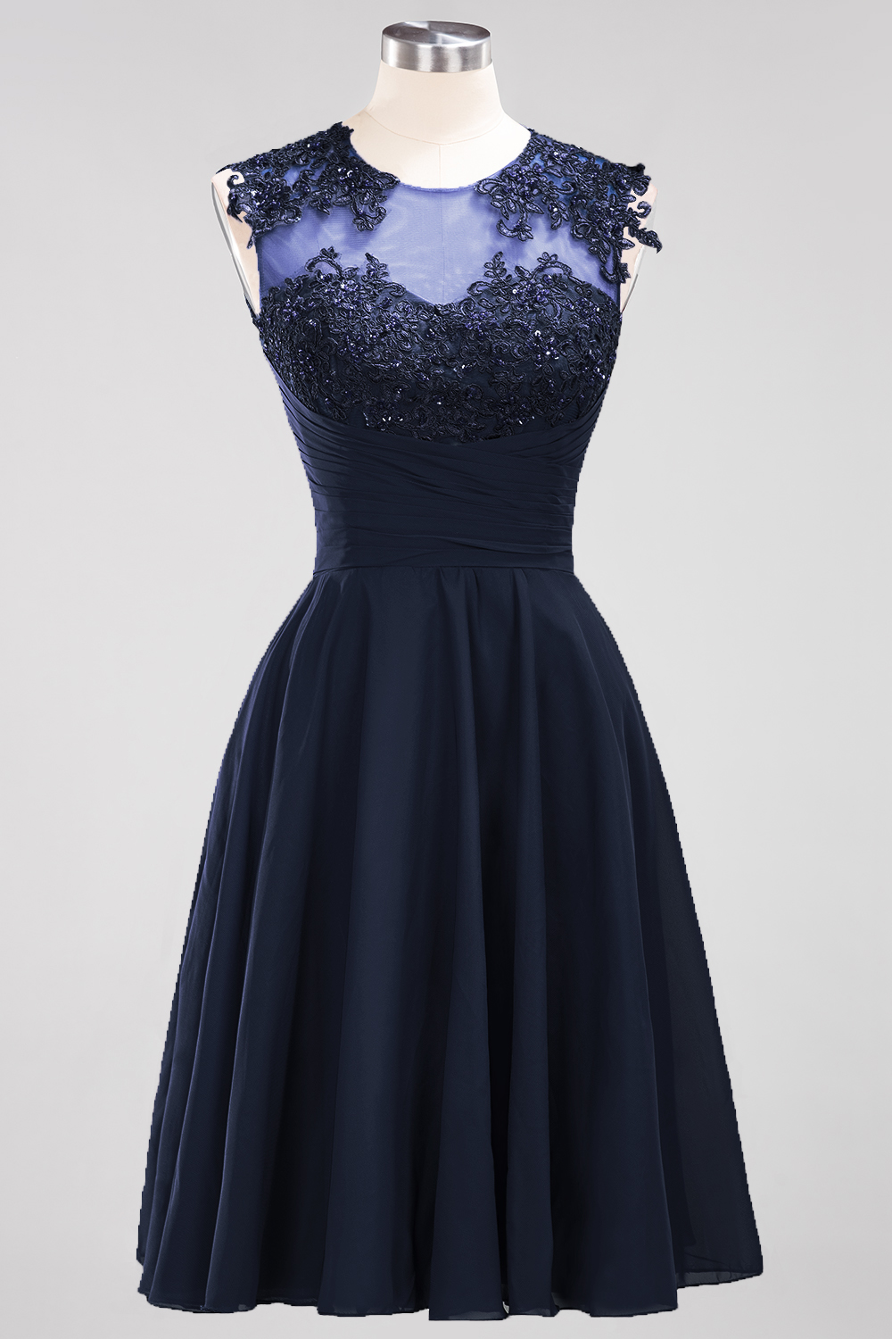 A-line Jewel Neck Sleeveless Knee-length 100D Chiffon Bridesmaid Dress With Appliques 29