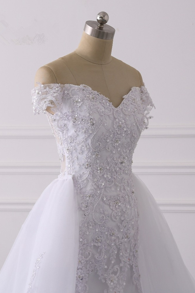 A-line Off-the-shoulder Sweetheart Neck Short Sleeves Floor-length Tulle Wedding Gown With Appliques 6
