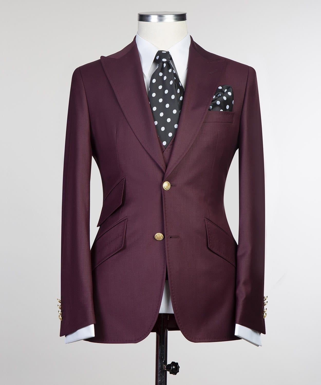 Burgundy Three Pieces Men Suit with Peaked Lapel 5