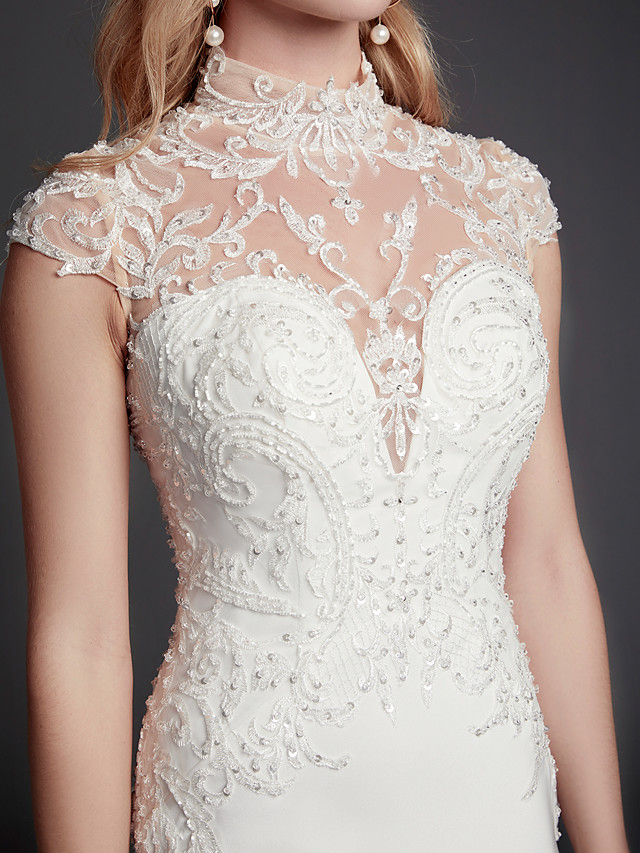 Mermaid Sleeveless Court Train Lace Bridal Gown With Beading 8