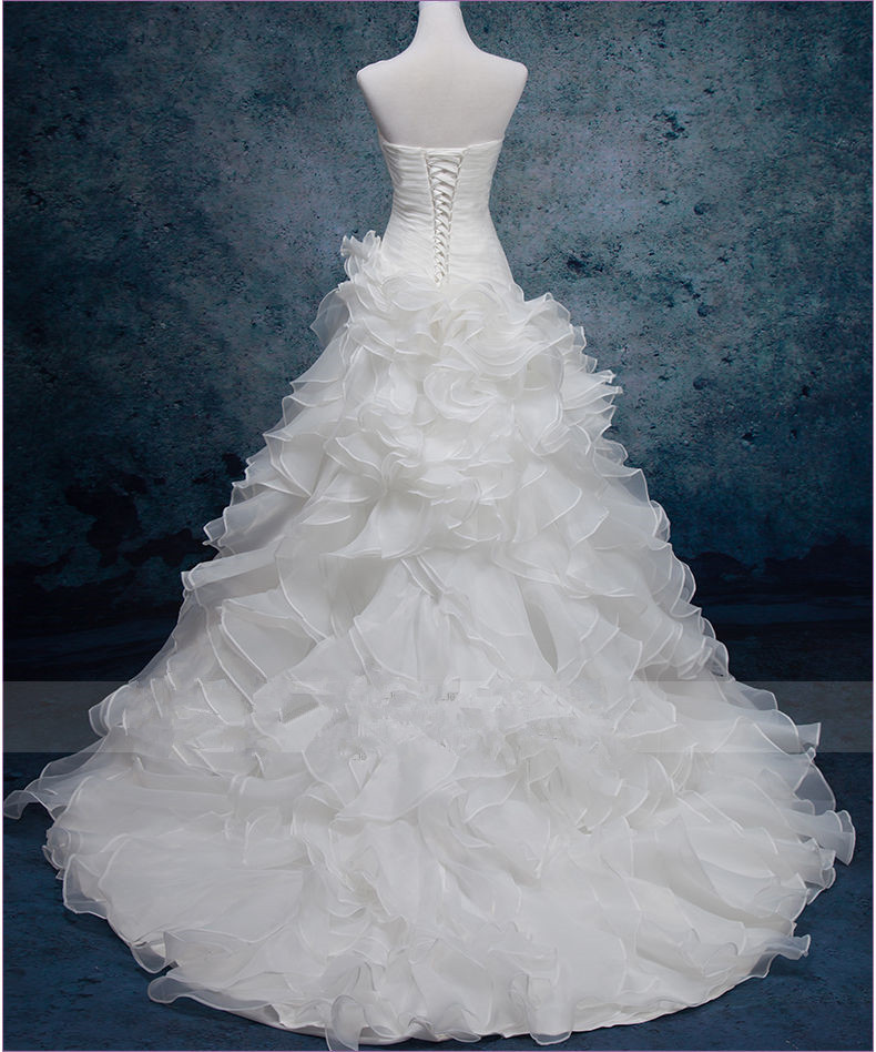 Column Sweetheart Neck Sleeveless Sweep / Brush Train Organza Wedding Gown With Ruffles 3