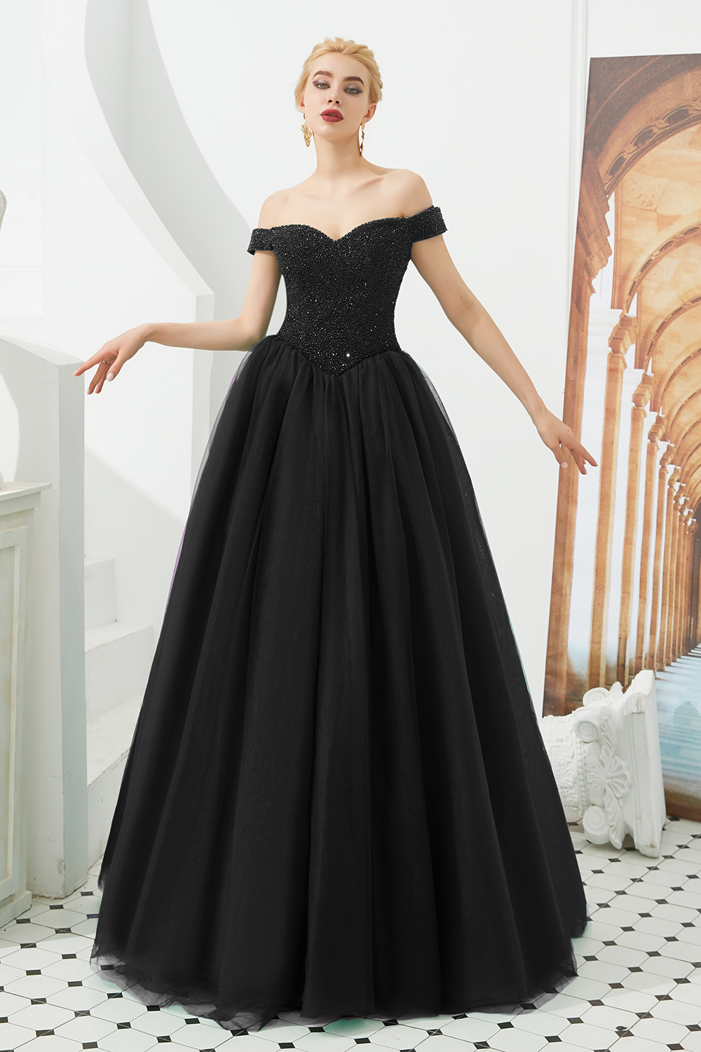 Off-the-shoulder Cap Sleeves Sweep / Brush Train Tulle Formal Dress With Beading 5